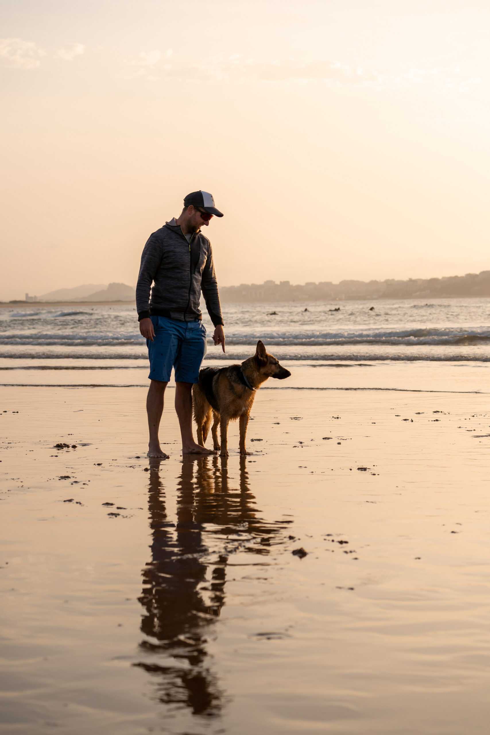 Man,And,Dog,German,Shepherd,Playing,On,Remote,Empty,Beach