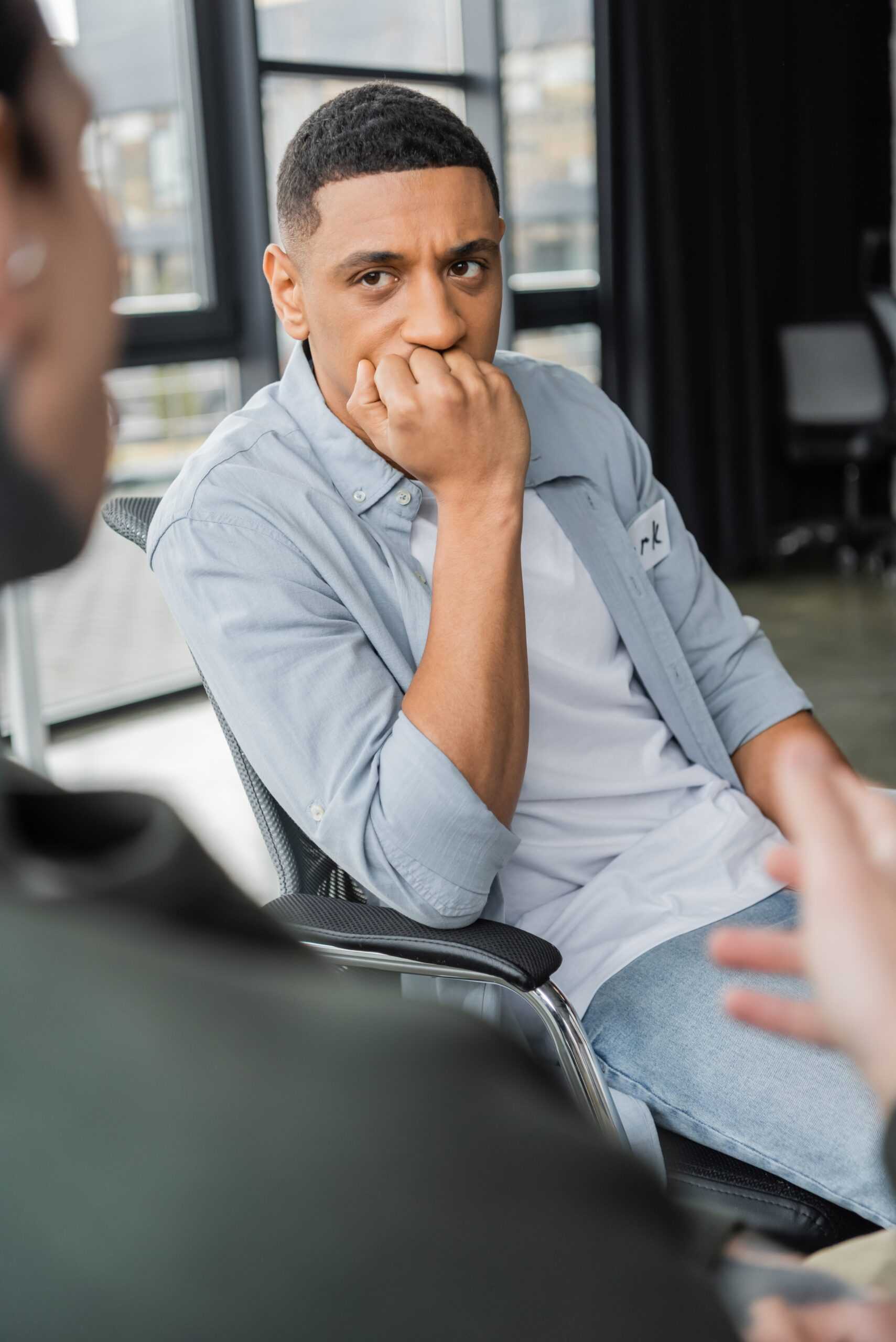 Worried,African,American,Man,With,Alcohol,Addiction,Listening,Story,During