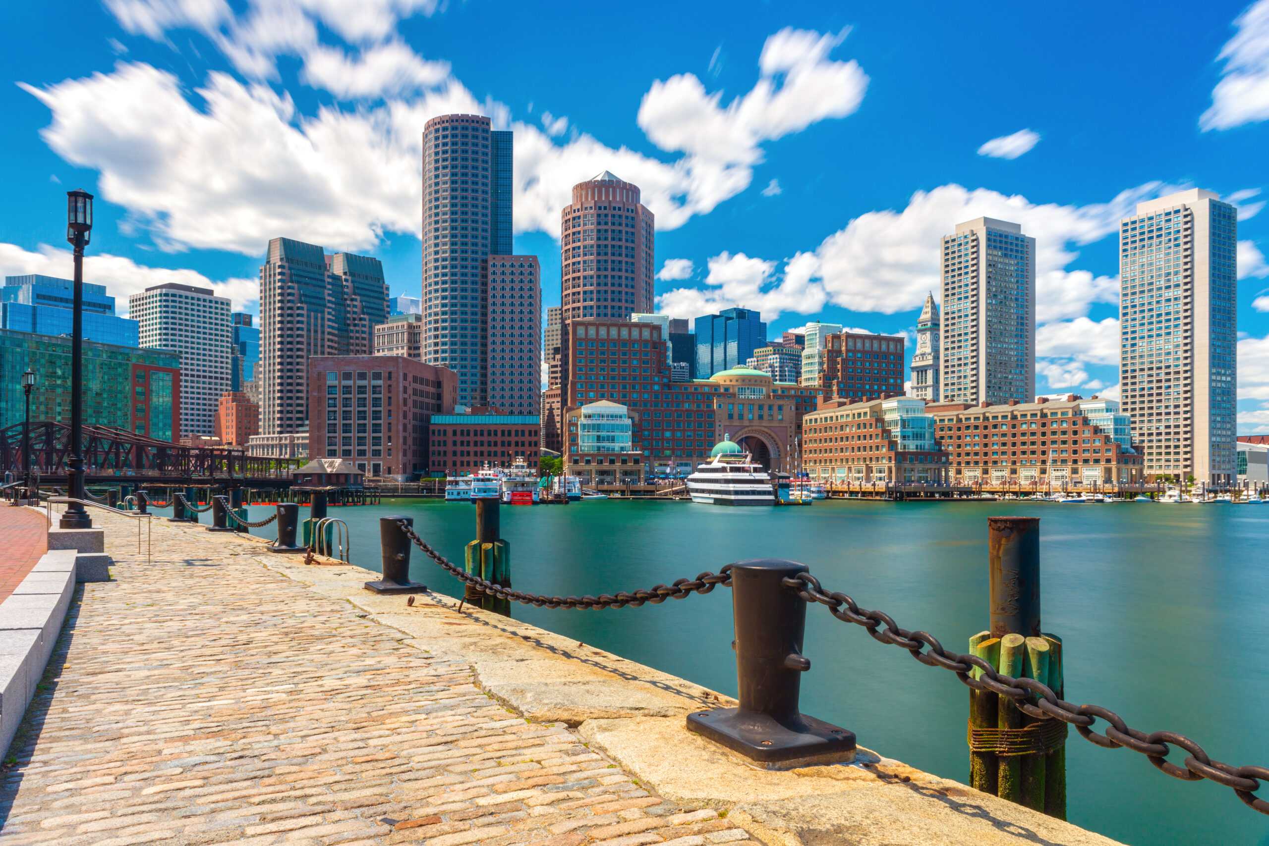 Boston,Skyline,In,Sunny,Summer,Day,,View,From,Harbor,On